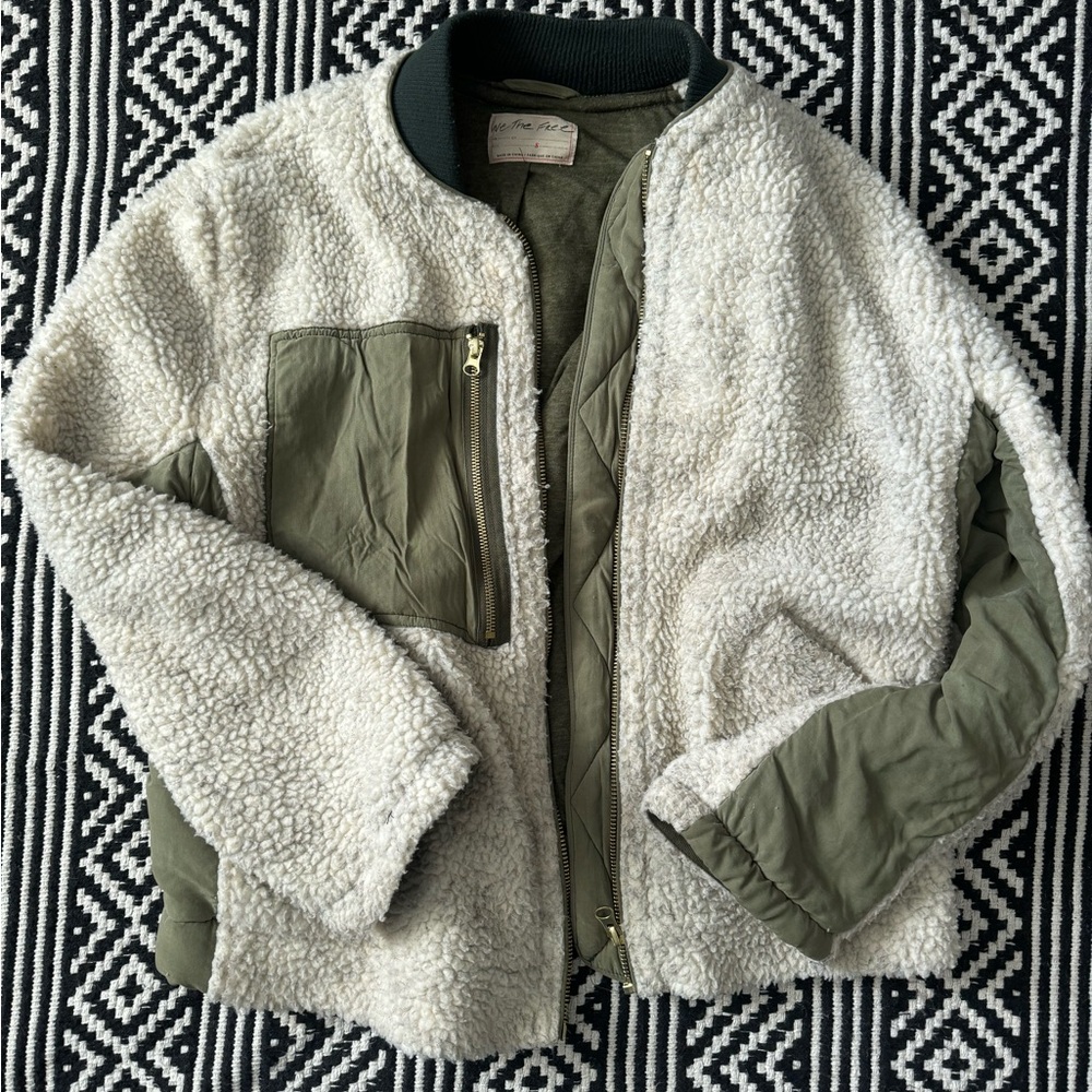 Free People Sherpa Jacket in Cream and Green.